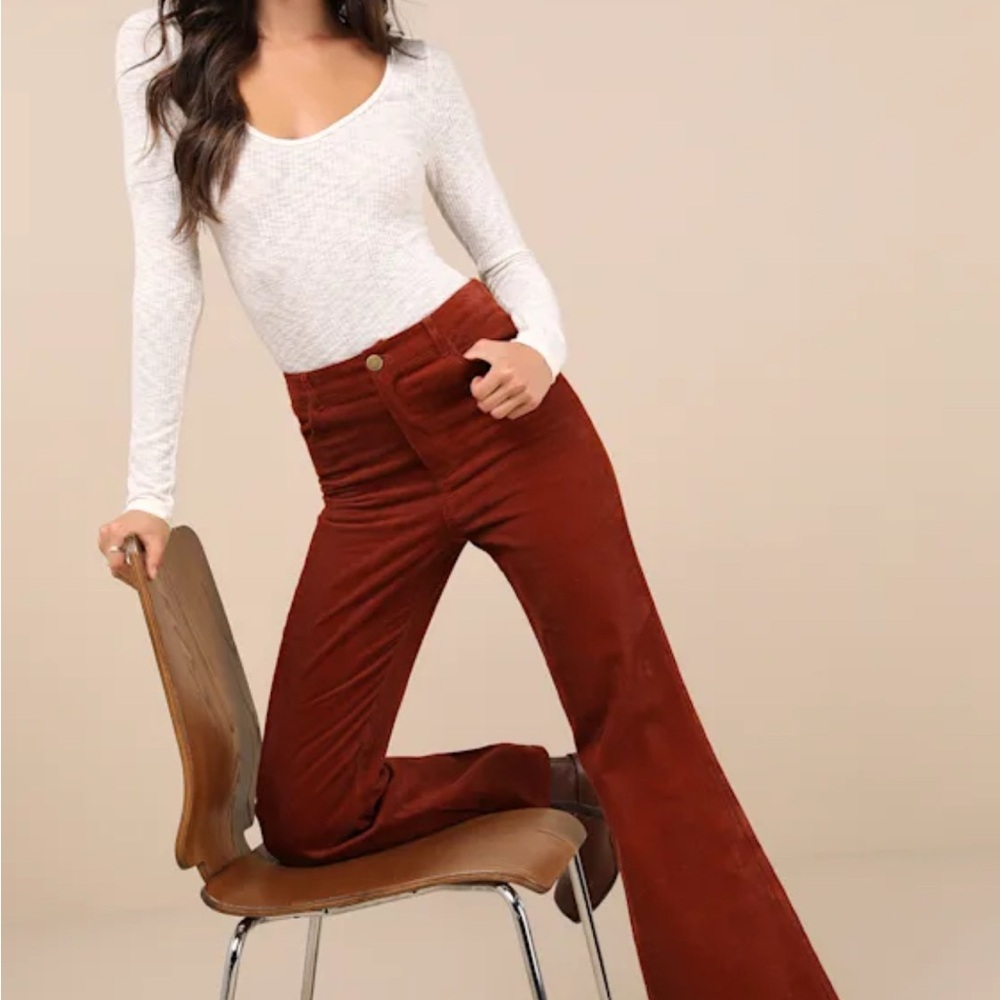 NWT Lulus Rust Corduroy High Rise Wide Leg Flare Pants Size L